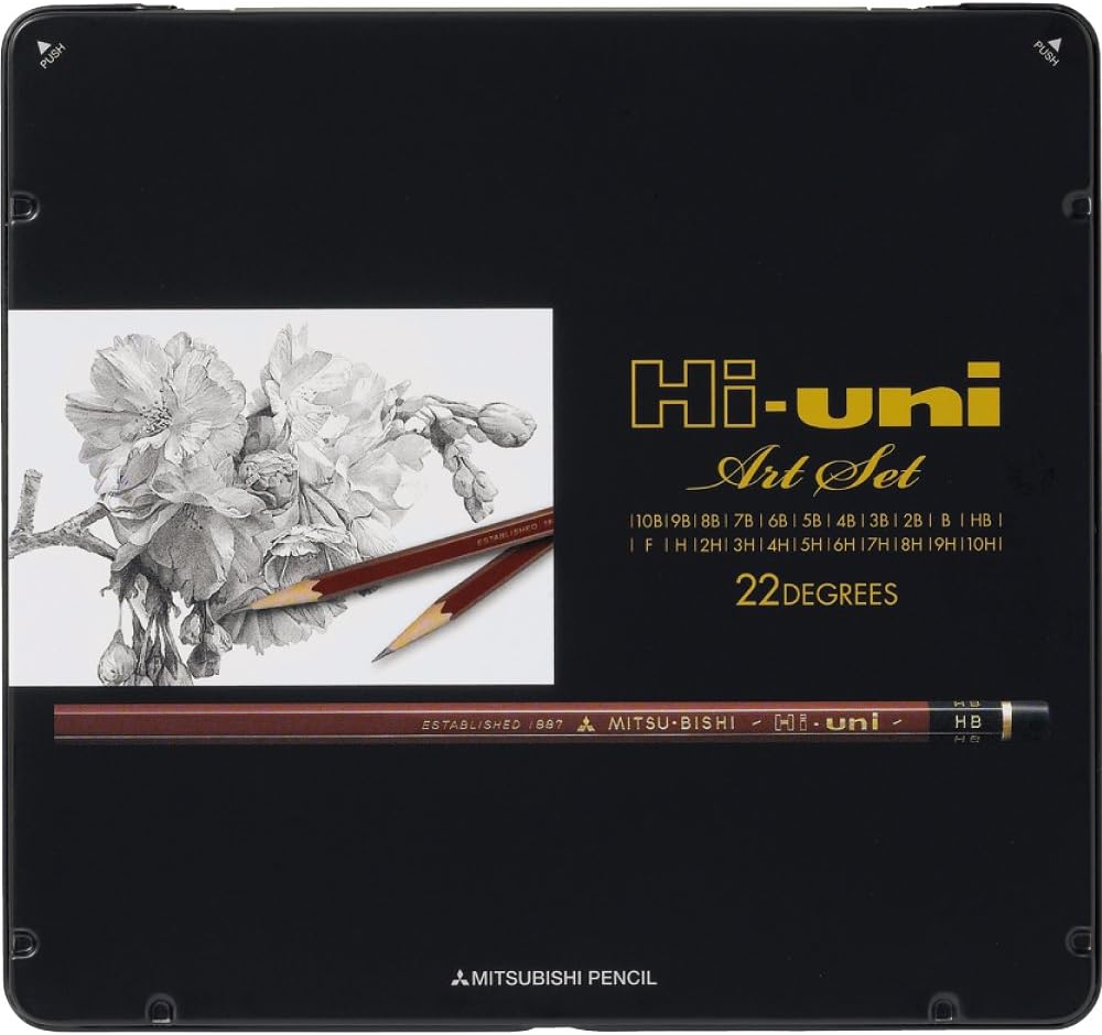 Lápis de Grafite Premium Uni Mitsubishi Hi-Uni Art Set– Caixa de Metal de 22 Graduações (10B a 10H)