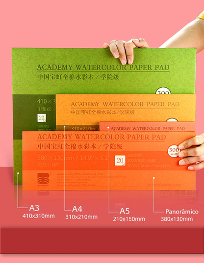 Papel de Aguarela Baohong Academy 100% Algodão (Grão Satine / Hot Pressed - 20 Folhas-300g/m2)
