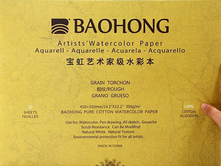 Papel de Aguarela Profissional Baohong Artist 100% Algodão (Grão Torcido / Rough - 300g)