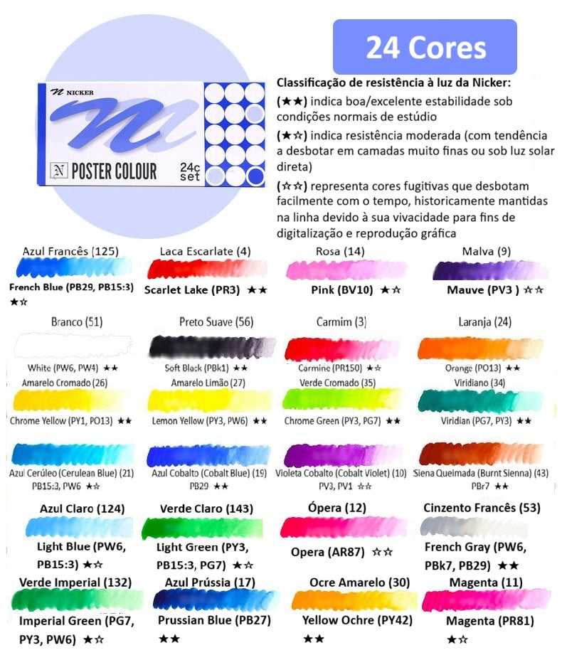 Guache Profissional Japonesa Nicker Poster Color - Conjunto 24 Cores x 20ml