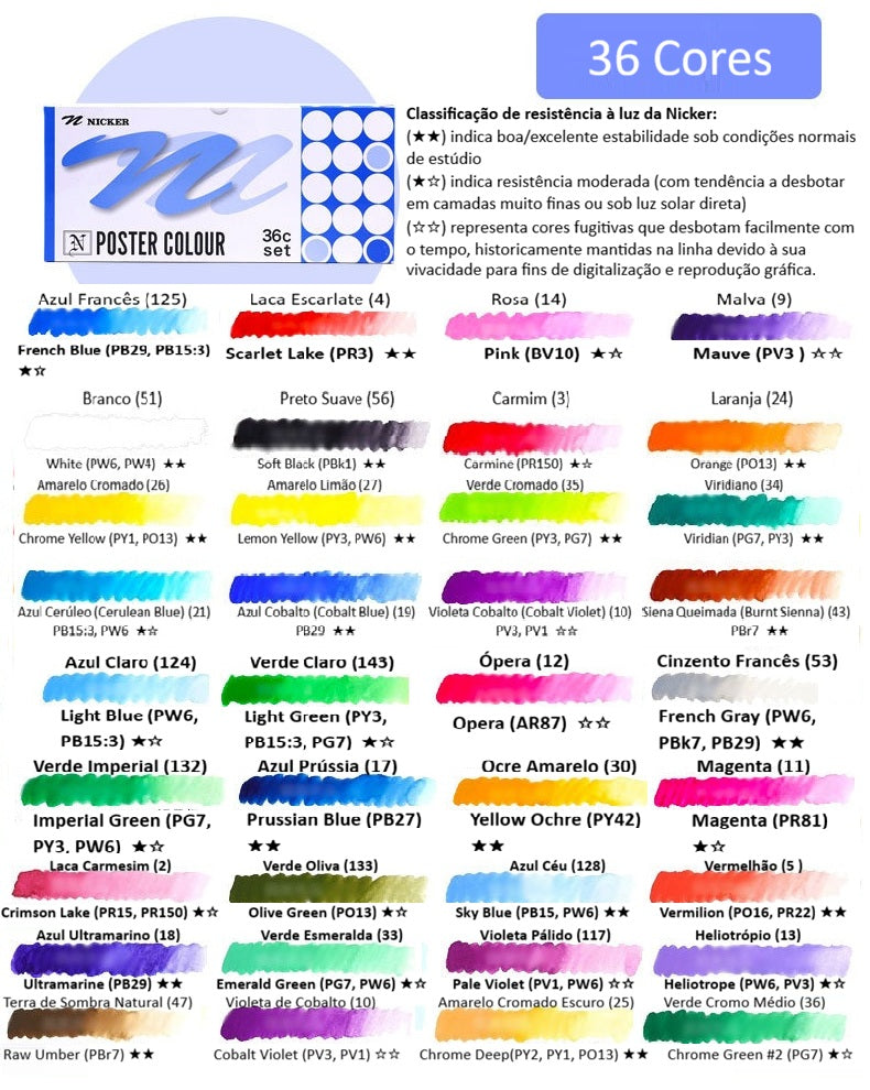 Guache Profissional Japonesa Nicker Poster Color - Conjunto 36 Cores x 20ml
