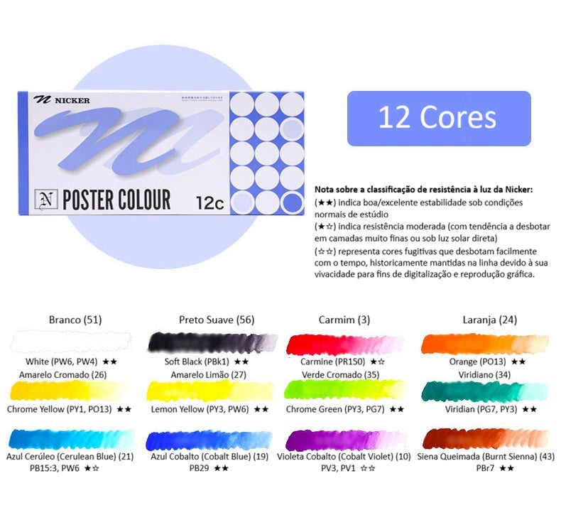 Guache Profissional Japonesa Nicker Poster Color - Conjunto 12 Cores x 20ml