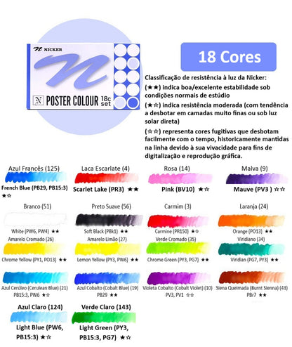 Guache Profissional Japonesa Nicker Poster Color - Conjunto 18 Cores x 20ml