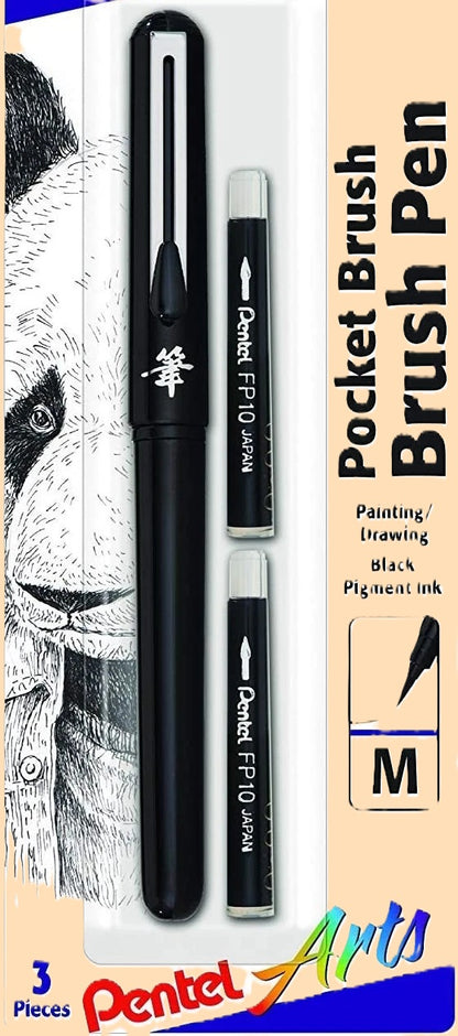 Pincel de Bolso Pentel Cor Preta + Recargas - Caligrafia - Desenho - Tinta à Prova de Água