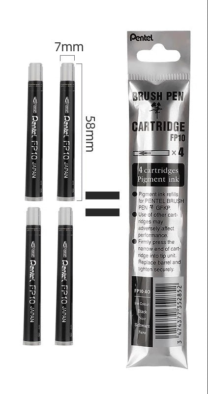 Pincel de Bolso Pentel Cor Preta + Recargas - Caligrafia - Desenho - Tinta à Prova de Água
