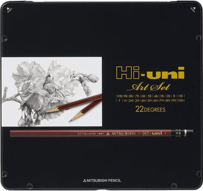 Lápis de Grafite Premium Uni Mitsubishi Hi-Uni Art Set– Caixa de Metal de 22 Graduações (10B a 10H)