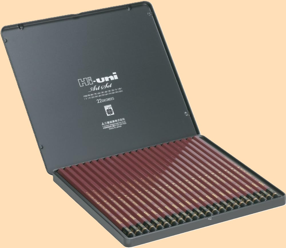 Lápis de Grafite Premium Uni Mitsubishi Hi-Uni Art Set– Caixa de Metal de 22 Graduações (10B a 10H)