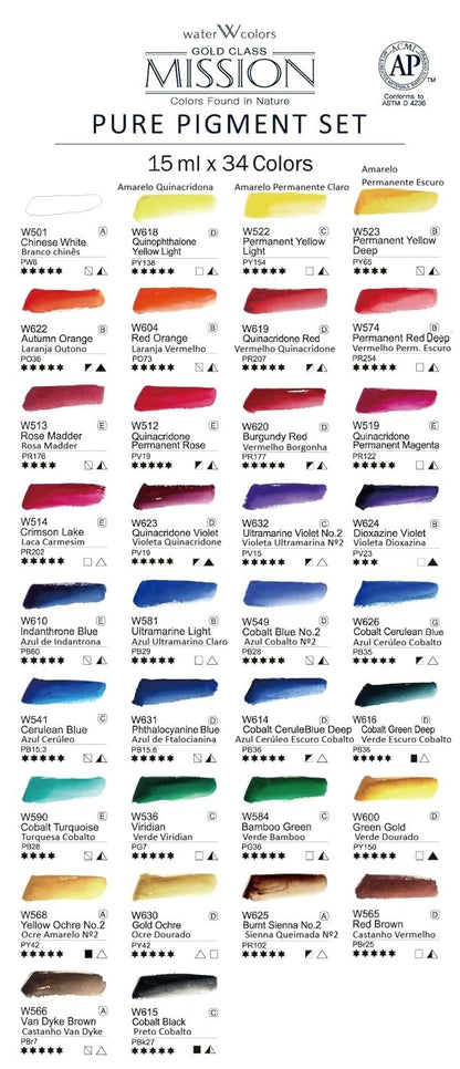 Aguarelas Profissionais Mijello-Mission Gold Class-Pure Pigment-36 Cores x 15ml